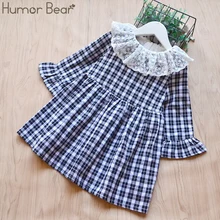 Humor Bear/Новое Брендовое платье для девочек; сезон осень-весна; платье с длинными рукавами для девочек; хлопковое платье принцессы в клетку; кружевное платье для девочек