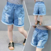 Детские летние однотонные джинсовые шорты с дырками; Новинка г.; модные летние джинсы для девочек в Корейском стиле