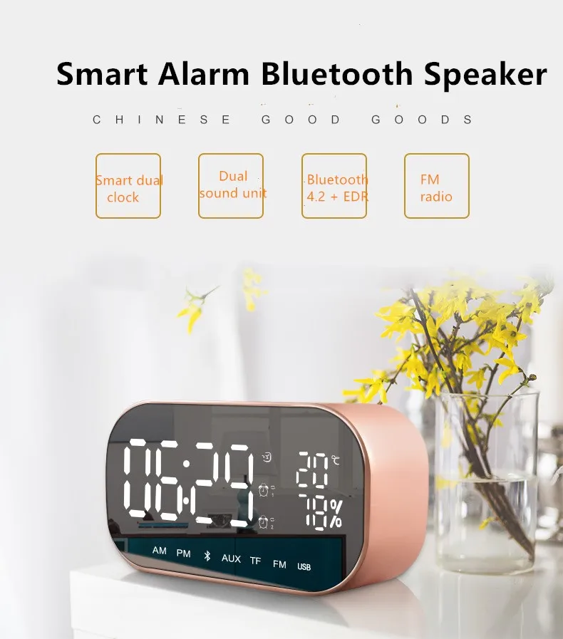 

Led Mirror Alarm Clock Digital Snooze Table Clock Wake Up Light Temperature Display Bluetooth Speaker With Fm Radio
