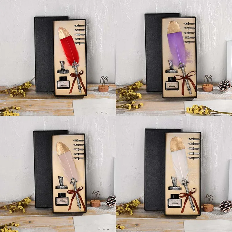 

1Set English Calligraphy Feather Dip Pen Writing Ink Set Stationery Gift Box With 5 Nib Wedding Gift Quill Pen Fountain Pen New
