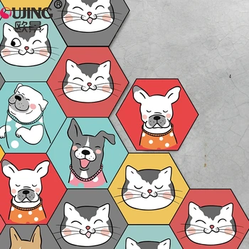 

10pcs/set Cartoon Cats and Dots Hexagon Tiles Floor Wall Sticker For Kids Rooms Living Room Bathroom Non-slip Mat PVC Art Mural