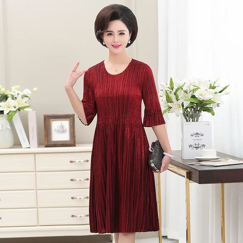 

Dress Women's 2019 Spring Summer New Style Commuting Medium Waist A- line Half-sleeve Shirt 35-49-Year-Old Long Skirts Middle-ag
