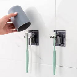 2Pcs/Set Simple Punch-Free Toothbrush Holders Gargle Cup Wall Mounted Adhesive Toothbrush Cup Storage Shelf Bathroom Accessories