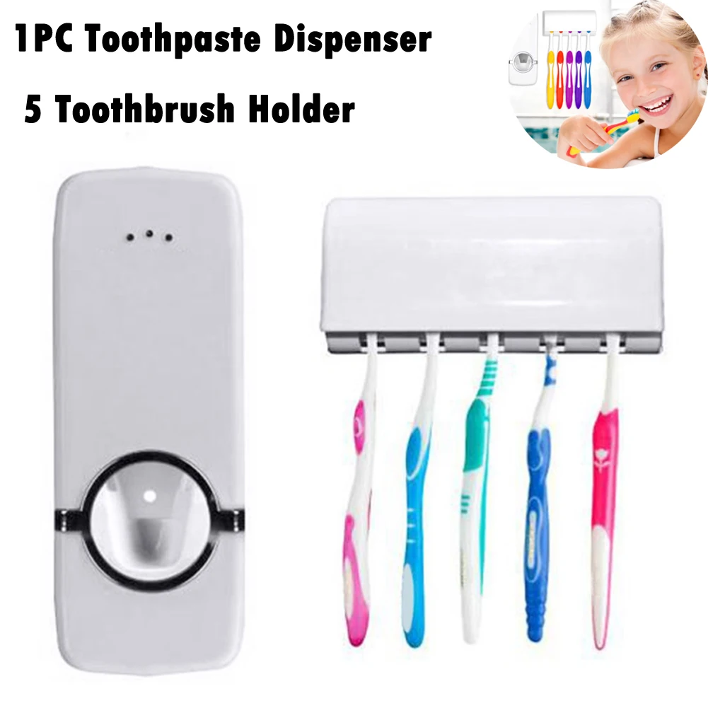 Auto Automatic Toothpaste Dispenser Organizers+5 Toothbrush Holder Set Wall Mount Stand Racks