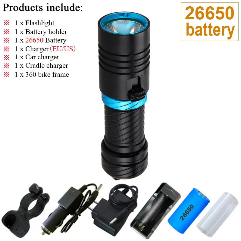 xm l2 diving scuba underwater flashlights rechargeable led flashlight work lamp cree torch hand lamp 18650 or 26650 flash light - Испускаемый цвет: E