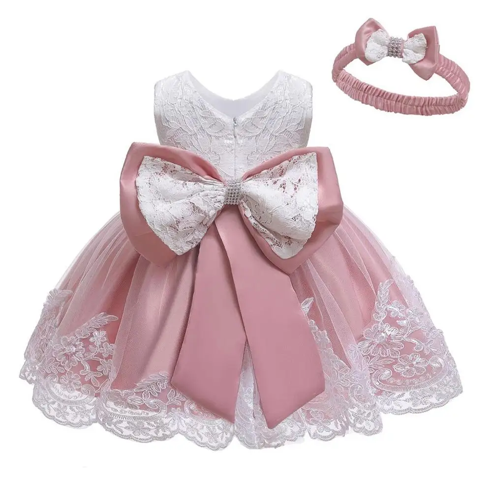 

Infant Baby Lace Dress Big bow Pink Baptism Dresses for Girls 1 year birthday party wedding 2019 summer baby Girl dress A2