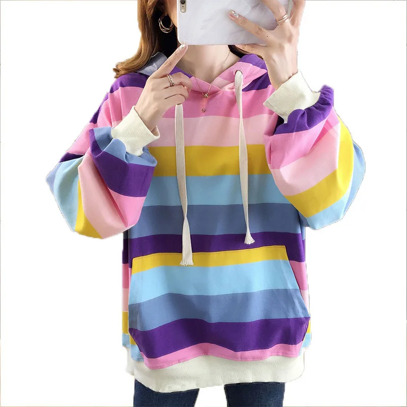 

2019 Autumn Winter Rainbow Striped Hoodies Long Sleeve Harakuju Hoodie Female Sweatshirt Loose Oversized Pullover Pocket Tops