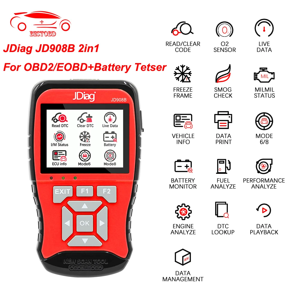 JDiag JD908B OBD2/EOBD (система бортовой диагностики + 12V Батарея тестер OBD OBD2 автомобильный