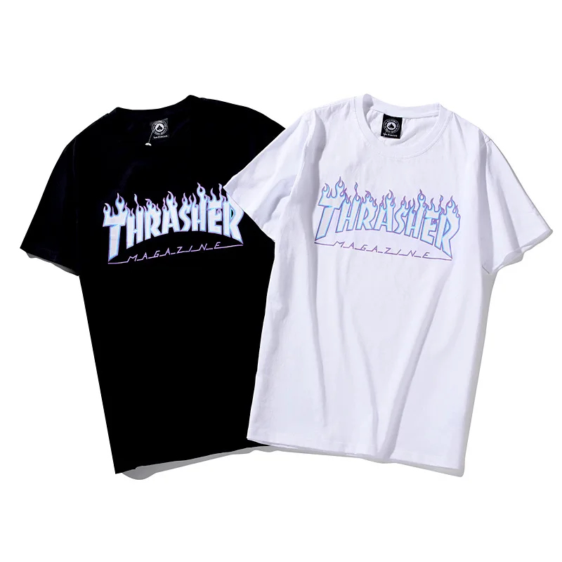 

19ss Ghost Flame Logo Lettered Short Sleeve T-shirt Loose-Fit Couples INS Fashion Blue Flame English Fashion Sleeves