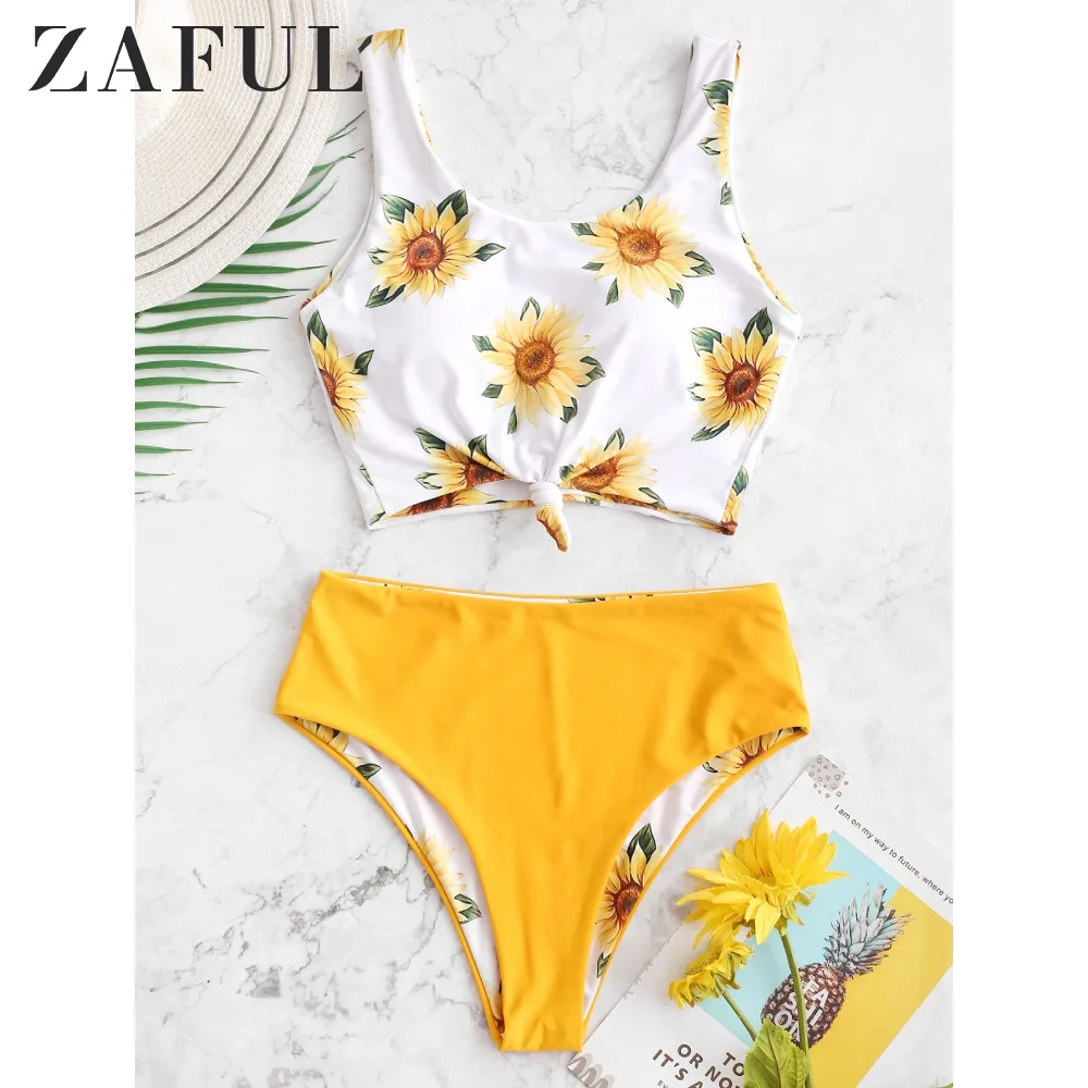 Женский раздельный купальник-танкини ZAFUL с узлом подсолнуха и высокой талией