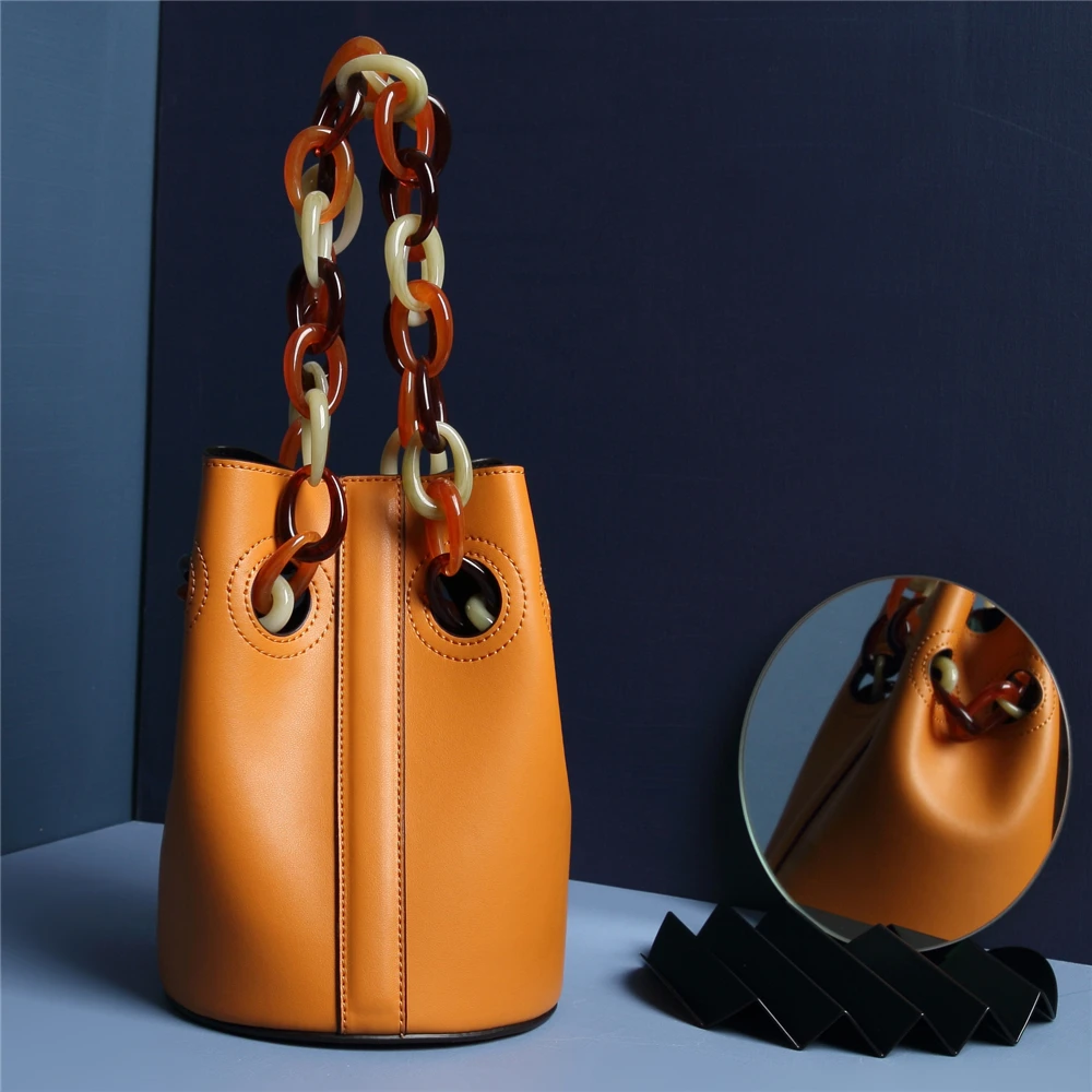 

Genuine Leather Bucket Bag Multifunction Resin Rings Strap Elegant Design Lady Handbag Fashion Shoulder Cowhide Chain Totes Bags
