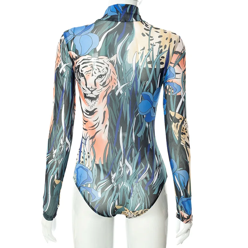 ANJAMANOR Tiger Leopard Printed Sexy 2 Piece Sets Womens Club Wear Jumpsuit Stage Outfit Mesh Bodysuit Leggings Sets D85-DZ25 short suit set