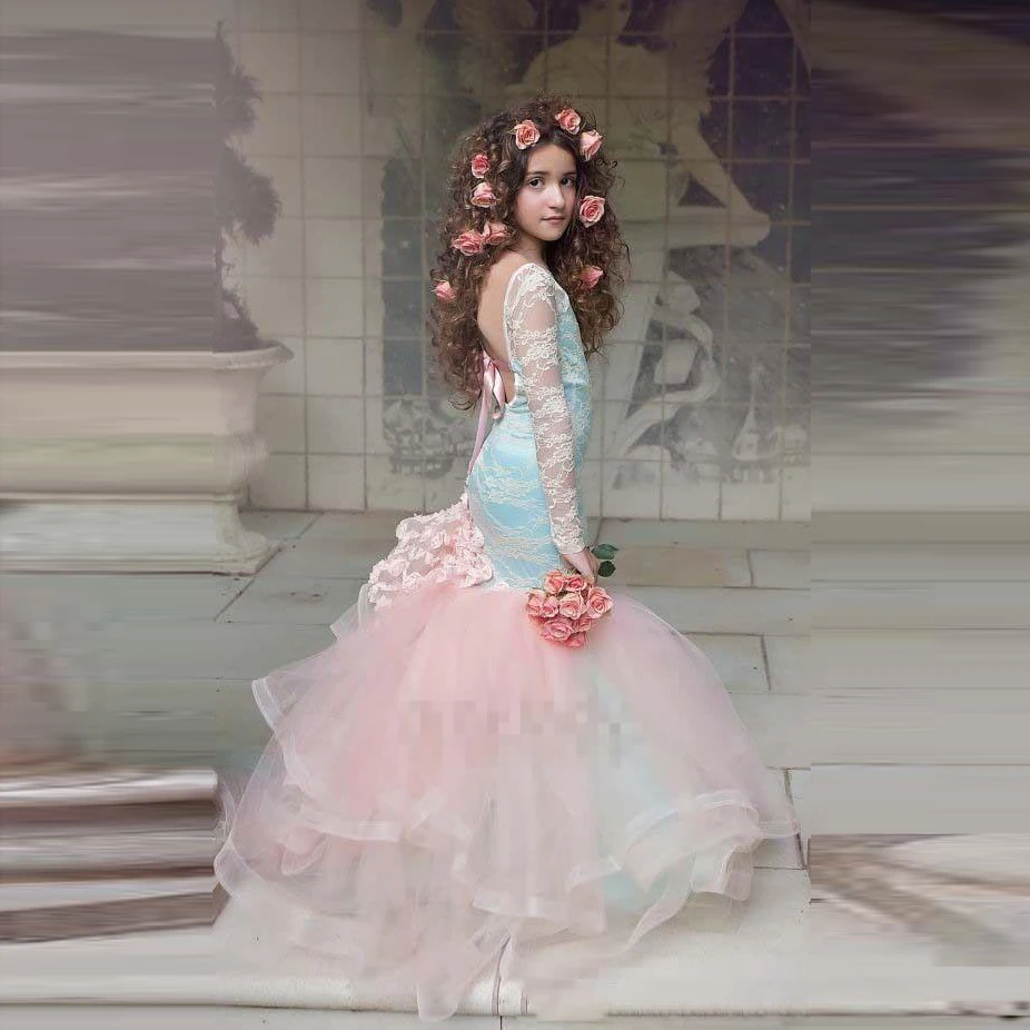 

Синие и розовые пышные платья для девочек 2020, кружевные платья с длинными рукавами и открытой спиной для девочек, платья с цветочным узором для свадьбы, Детские вечерние платья