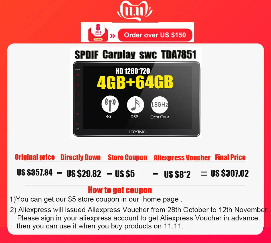 Sale 10.1"IPS Double Din Android 8.1 Head Unit 4GB +64GB 1280*720 HD Universal Car Radio Stereo GPS Navigation Built-in 4G Modem DSP 0