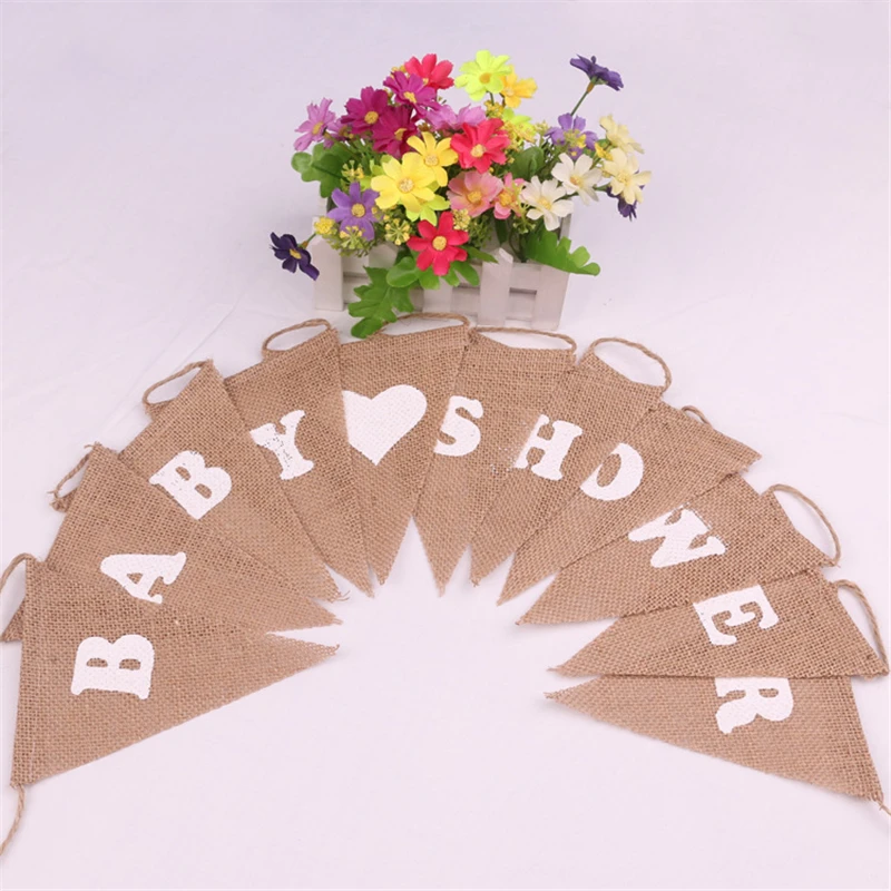 

Heart Printed Burlap "Baby Shower" Bunting Banner Hessian Pennant Triangle Jute Linen Triangle Flags Hanging for Party Decor