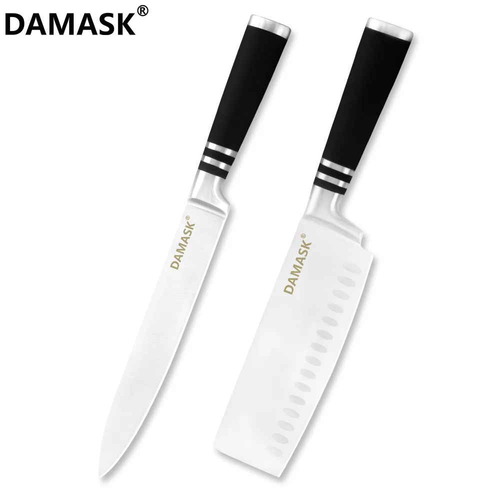 2pcs set Дамаск Нержавеющая сталь Набор ножей с черным Сталь ручка Пособия по кулинарии Ножи Santoku хлеб ножей шеф-повара для Еда нарезки Кухня Ножи - Цвет: 2pcs set