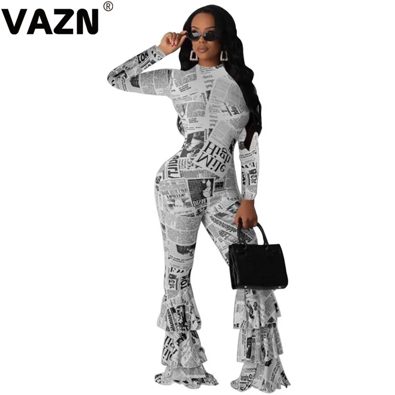 VAZN FST7055, новинка, комбинезон, сексуальный, винтажный, с буквенным принтом, круглый вырез, длинный рукав, эластичная, высокая талия, женские длинные сапоги, Комбинезоны