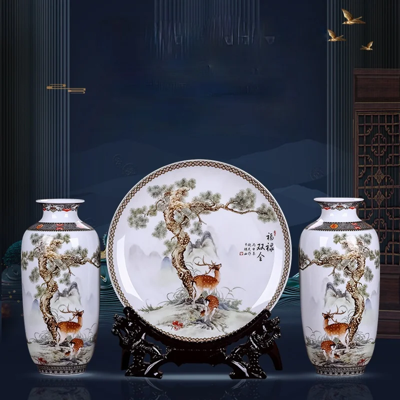 

Jingdezhen Ceramic Vase Three-Piece Set Home Living Room TV Cabinet Flower Arrangement Decorative Ornament Crafts