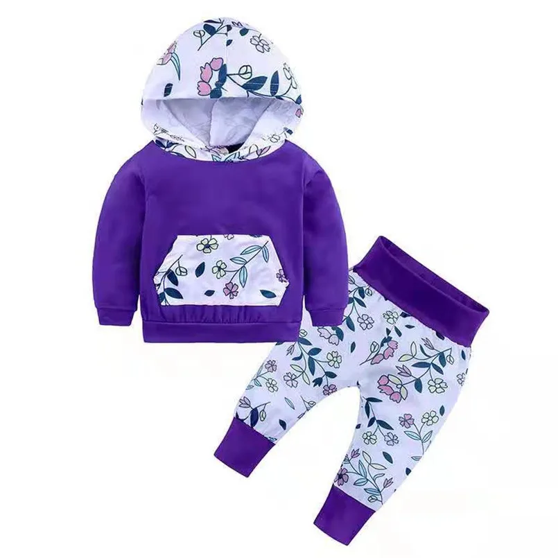 Комплект одежды для новорожденных девочек и мальчиков с цветочным рисунком, осенние Рубашки с капюшоном и длинными рукавами, штаны комплекты одежды для детей от 0 до 2 лет - Цвет: Color 16