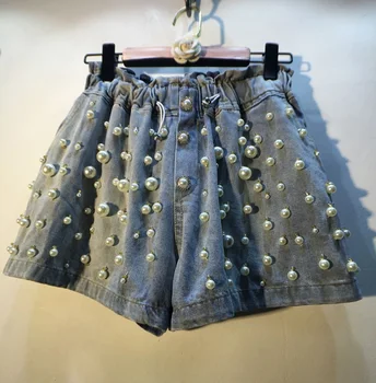 

Jean Shorts for Women Summer Wear European Style Handmade Pearl Beads Elastic High Waist Wide-Leg Denim Shorts Hot Pants