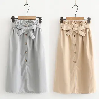

Skirts Women Summer Autumn Knee Length Korean Elegant Button High Waist Skirt Female Pleated Slit Solid Color School Skirt