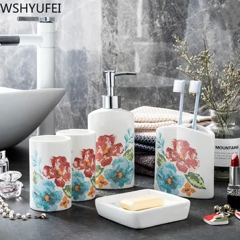 

Nordic ceramic five-piece bathroom products wedding bath set Simple Couple mouthwash cup Plastic tray Home Decorations