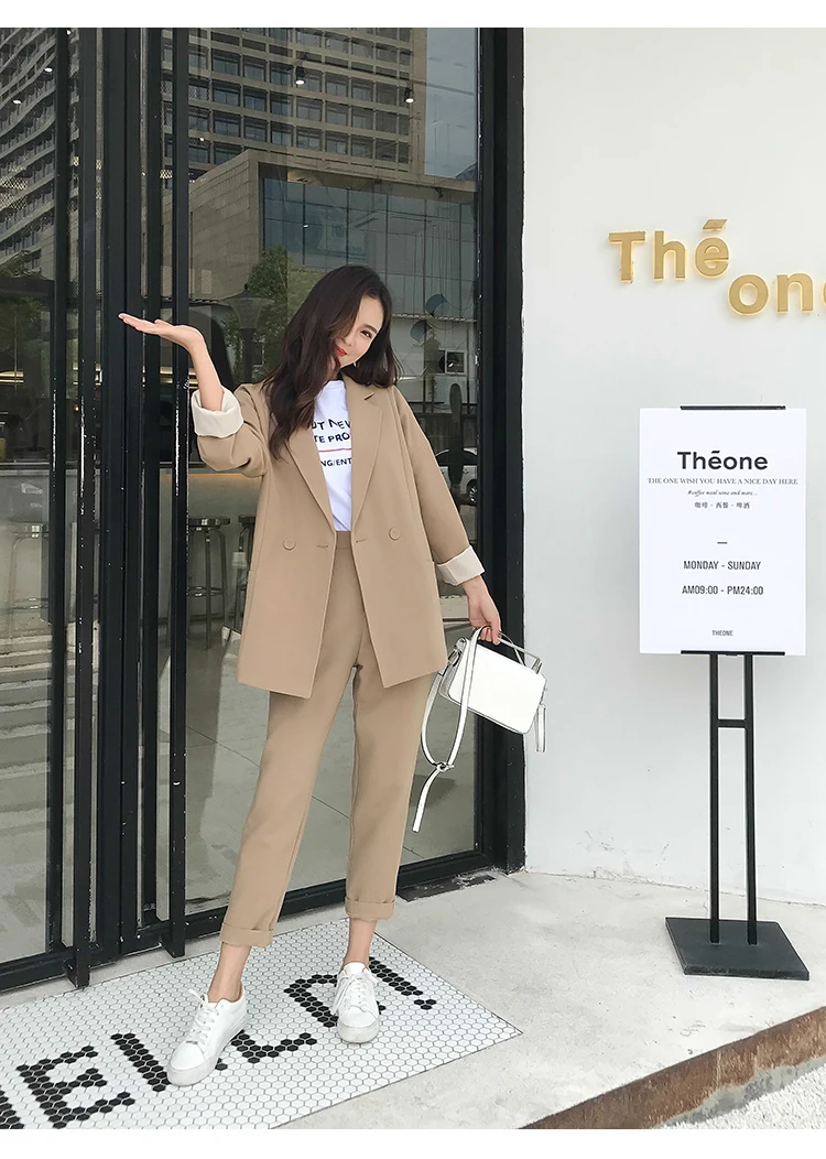 Trytree осень зима WCasual Turn-Down Воротник двубортный топ цвета хаки+ брюки пуговицы карманы офис леди костюм 2 шт набор