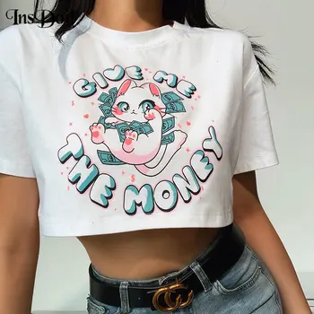 

InsDoit Women Streetwear Short Sleeve White T Shirt Harajuku O Neck Letter Print Crop Tshirt Casual Mouse Print Oversized Tops