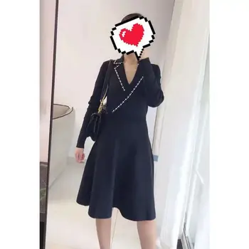 

2019 Autumn /Winter New Pearl Lapel Long Sleeve V-neck Slim Knit Dress Office Lady Women's Mini Dresses
