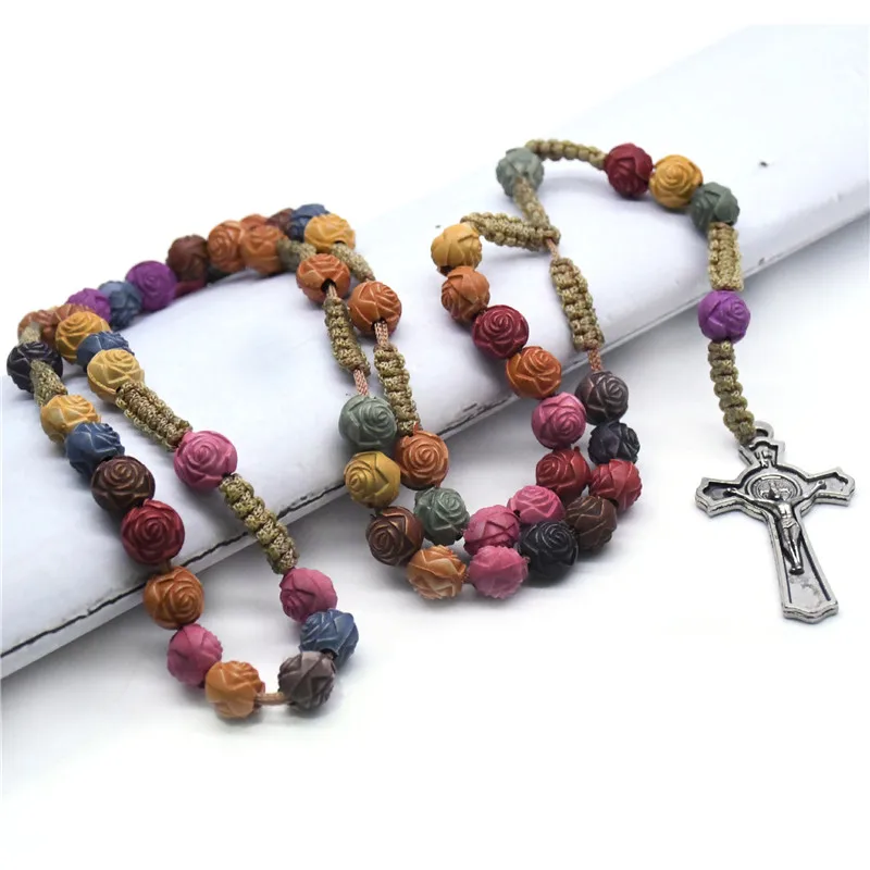 Colored Rose Bead Cross Rosary Beads Necklace Christ Jesus Religious Handmade Christian Prayer Jewelry Accessories | Украшения и