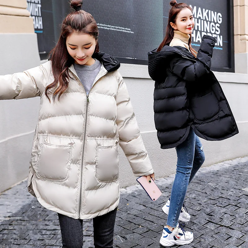 

Ozhouzhan Cotton-padded Clothes 2019 Winter New Style Knitted Hat Lettered Mid-length Loose-Fit Slimming Versatile Cotton Coat C