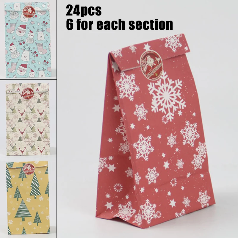 

24*Kraft Paper Bags+1*Sticker Square Base Oil-Proof Packing Bags For Christmas Food Cookie Birthday Party Favor Stand Bags