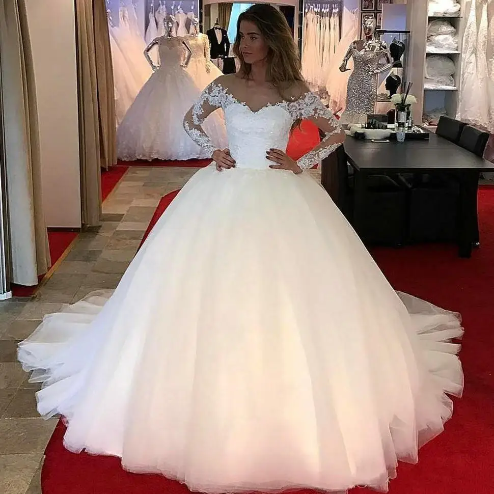 

Aristocratic Princess White Wedding Gowns 2020 Long Sleeves Applique Lace Bride Dress Tulle Ball Gown Customized Wedding Dresses