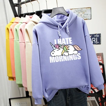 

I Hate Mornings Sleeping Unicorn Letter Print Oversized Hoodie Korean Sweatshirt Kawaii Streetwear Winter Harajuku Hoody Girl
