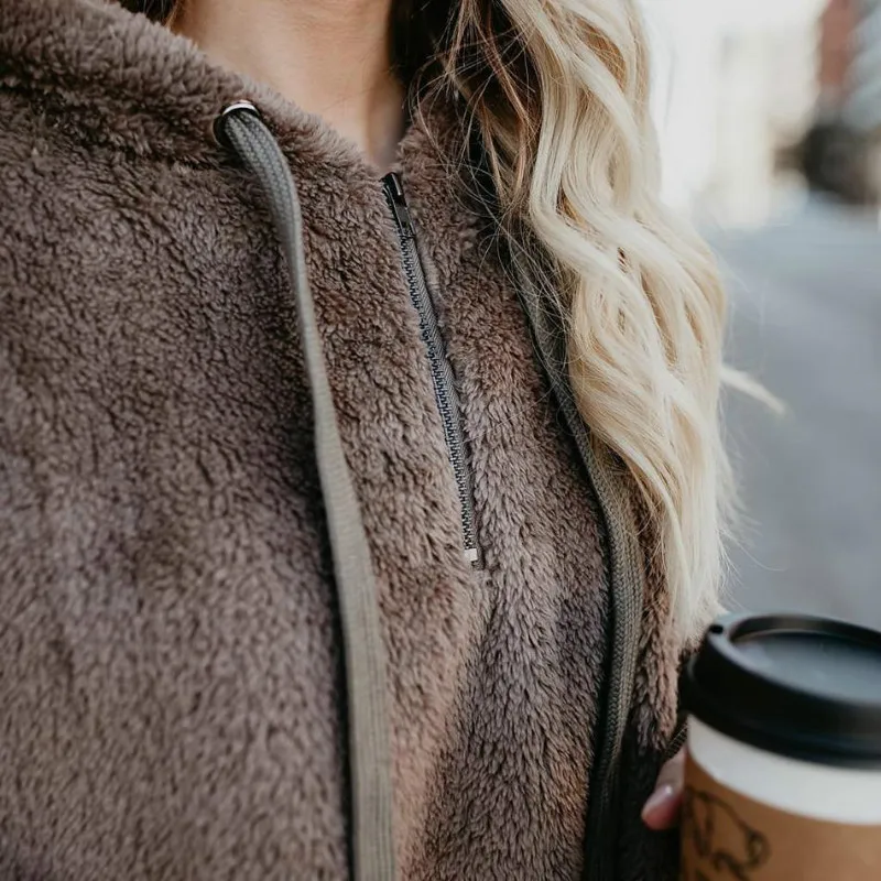 Женская зимняя толстовка с капюшоном Pull Femme Teddy Hoody Top на молнии свободный стиль уличная пушистая пуловеры плюс Размер Женская