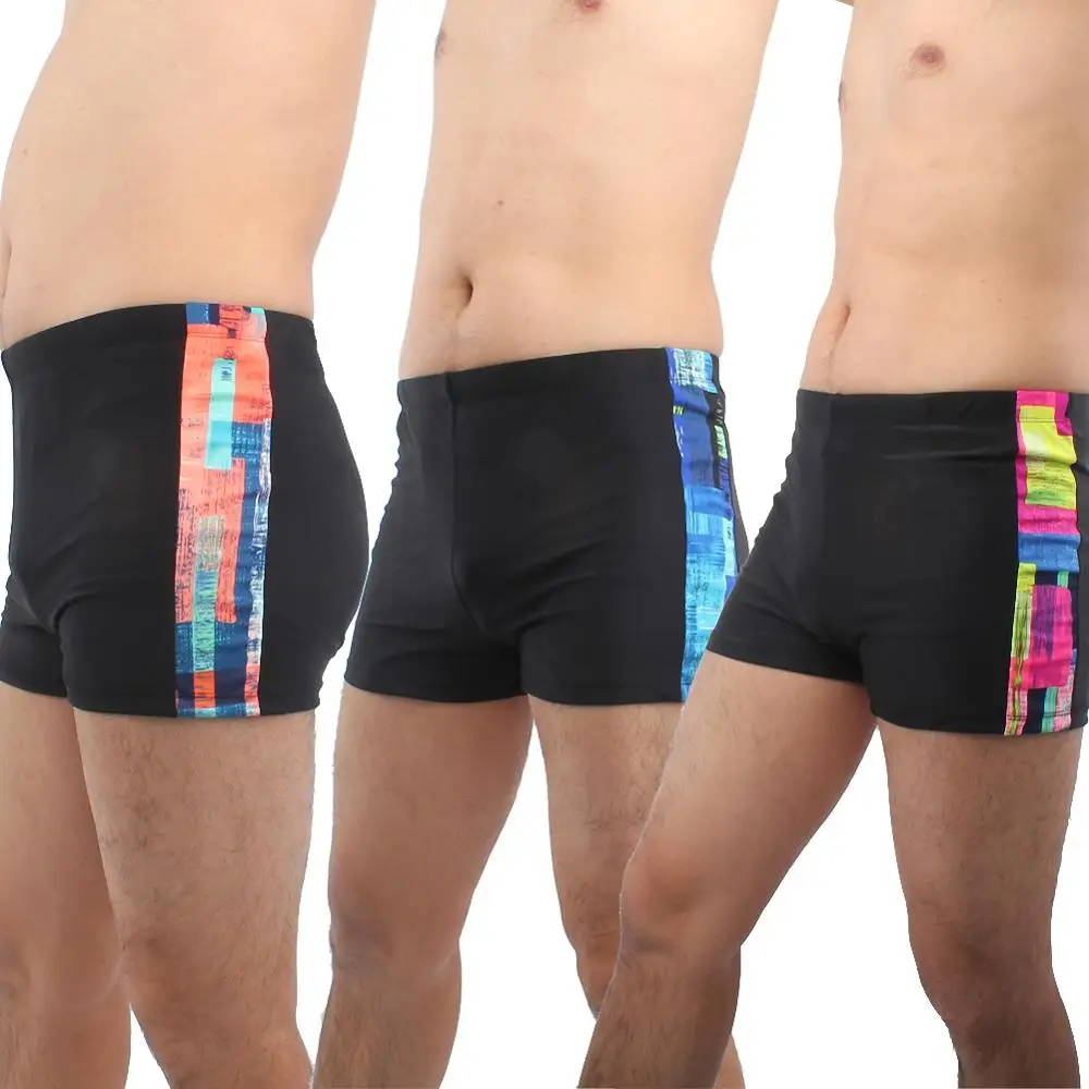 

2020 Fashion Contrast Patchwork Swim Boxers Geometric Imprint Male Swimming Trunk Mens Black Swimsuit Sexy Swimwear for Men