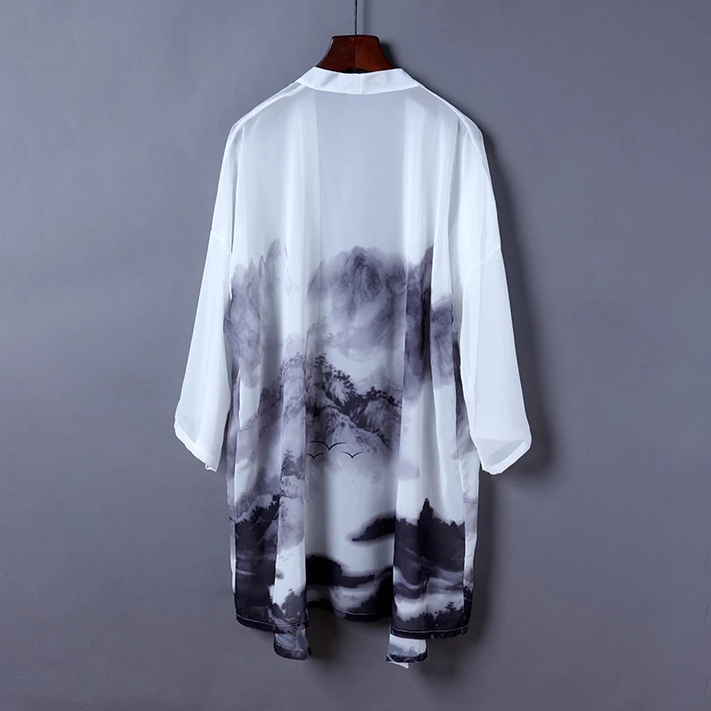 일본 기모노 카디건, 여성 여름 중국 스타일 잉크 및 워시 프린트 블라우스 코트, 새로운 패션 캐주얼 가디건 탑 의류