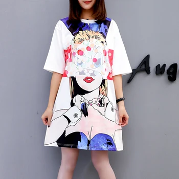 

Big M-XXL New Size Women T shirt Dress Summer Masked Cartoon Girls Print Short Sleeve White Loose Casual Beach Short Dresses es