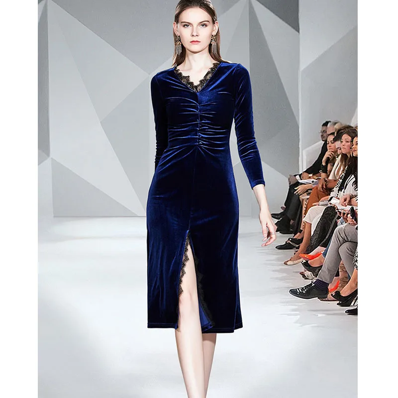 

Long Sleeve Gold Velvet Dress Women's Autumn And Winter 2019 New Style Slim Fit Slimming Waist Hugging Slit Dress Europe And Ame