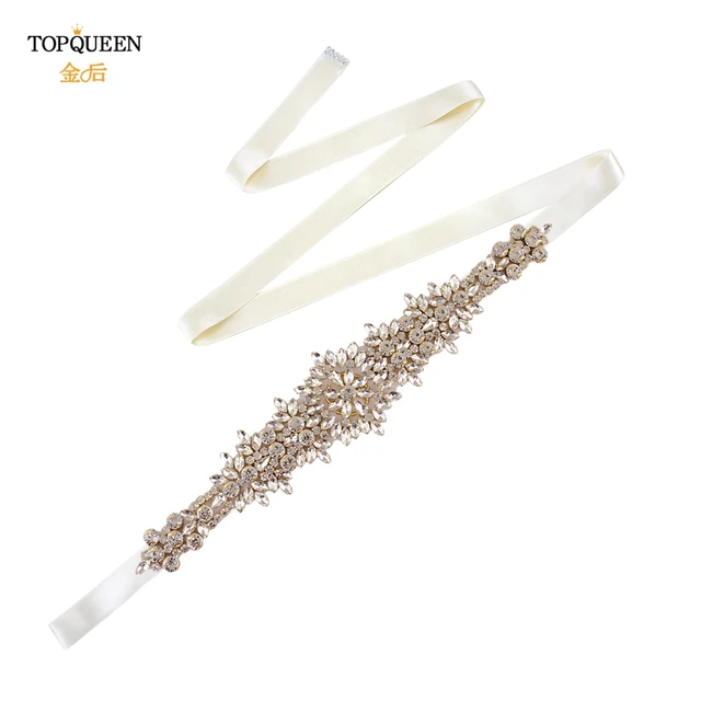TOPQUEEN S319-G Luxury Bridal Belt Gold Rhinestone Applique Wedding Accessories Women Diamond Sash Moroccan Caftan Decoration ivory ribbon