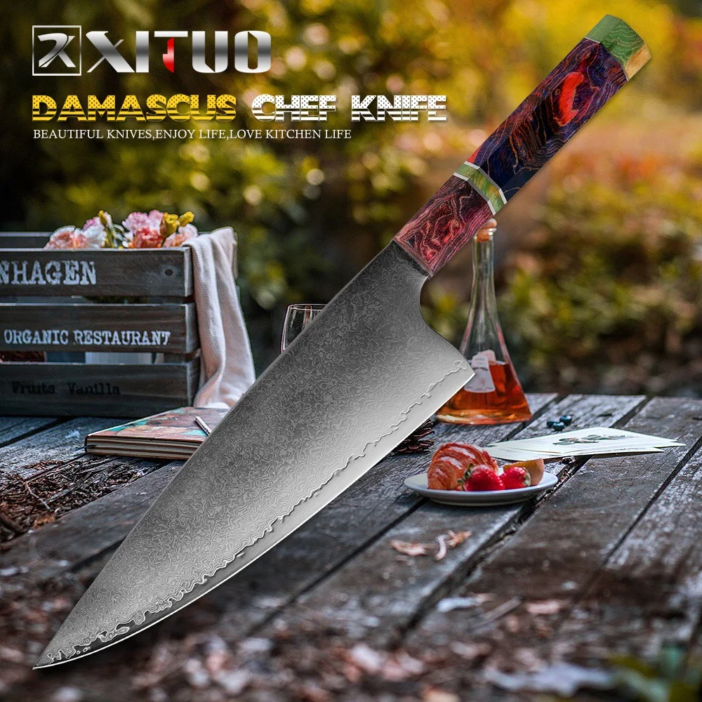 

XITUO Damascus Steel Kitchen Chef Knife 67 Layer Japanese Sharp Slicing Gyuto Butcher Slaughter Knife Cooking Tool Color Handle
