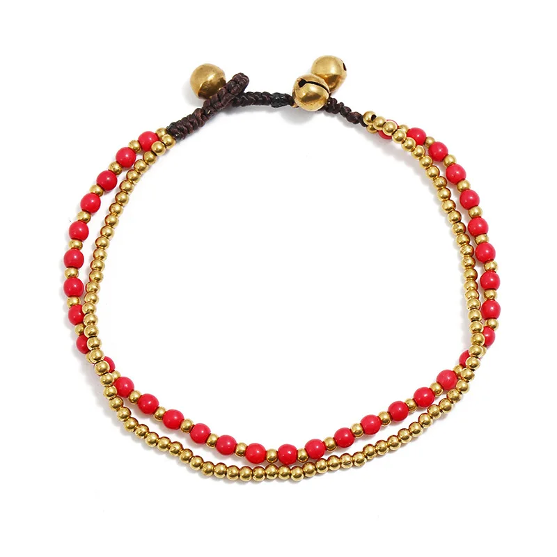 Ethnic Style Turquoise Copper Bead Bells Women's Anklets Beach European and American Bohemian Style Simple Feet Beads Anklet