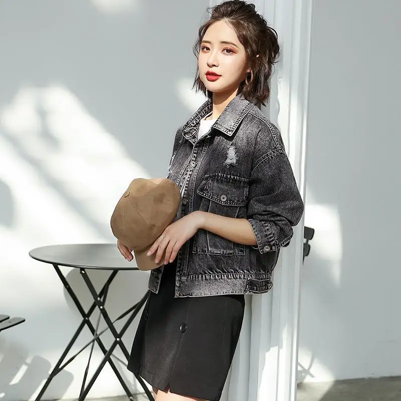 Gray Loose Short Denim Jacket 2022 New Spring Autumn Long Sleeve Holes