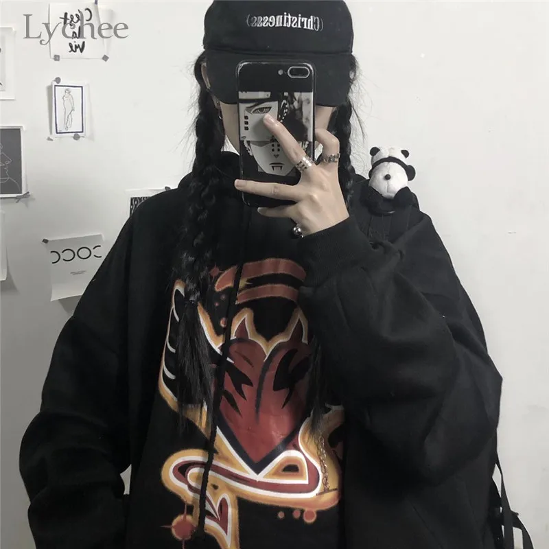Lychee Harajuku, Женские флисовые толстовки с капюшоном и принтом «Темное сердце», повседневные свободные женские толстовки, весенние, осенние, зимние женские топы