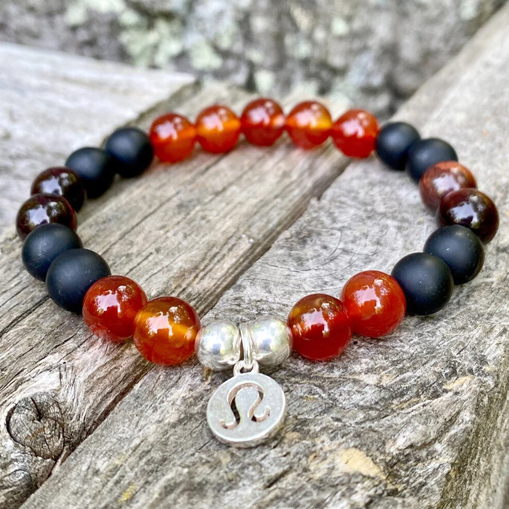 

MG1371 New Design Leo Zodiac Bracelet Women`s Matte Black Onyx Bracelet Natural Garnet AA Grade Carnelian Red Agate Bracelet