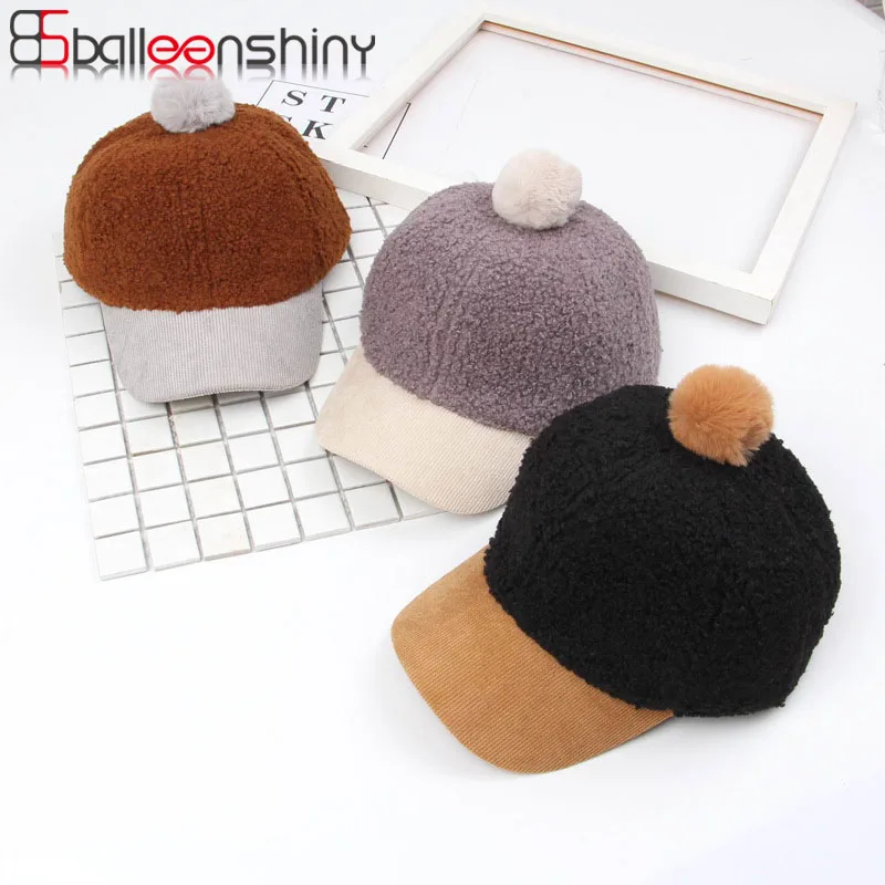 

Balleenshiny 2019 New Lamb Cashmere Baby Warm Baseball Cap Hairball Kids Cap Winter Fashion Color Matching Kids Hats Boys Girls
