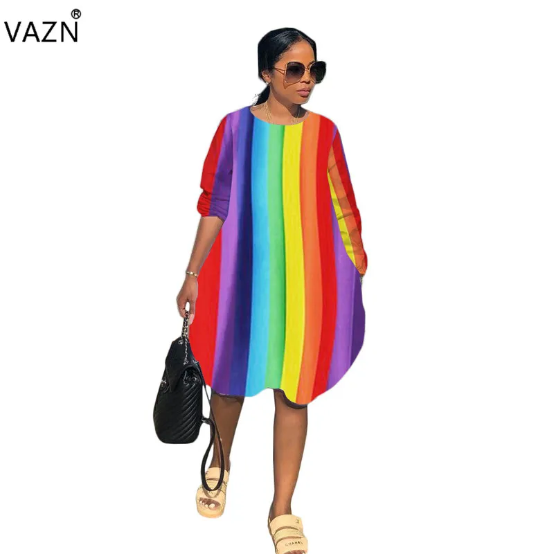 striped VAZN BLX7329, новинка, летнее сексуальное свободное платье 3 цветов, футболка с короткими рукавами и круглым вырезом, платье, сексуальное Повседневное платье с принтом для девочек - Цвет: striped