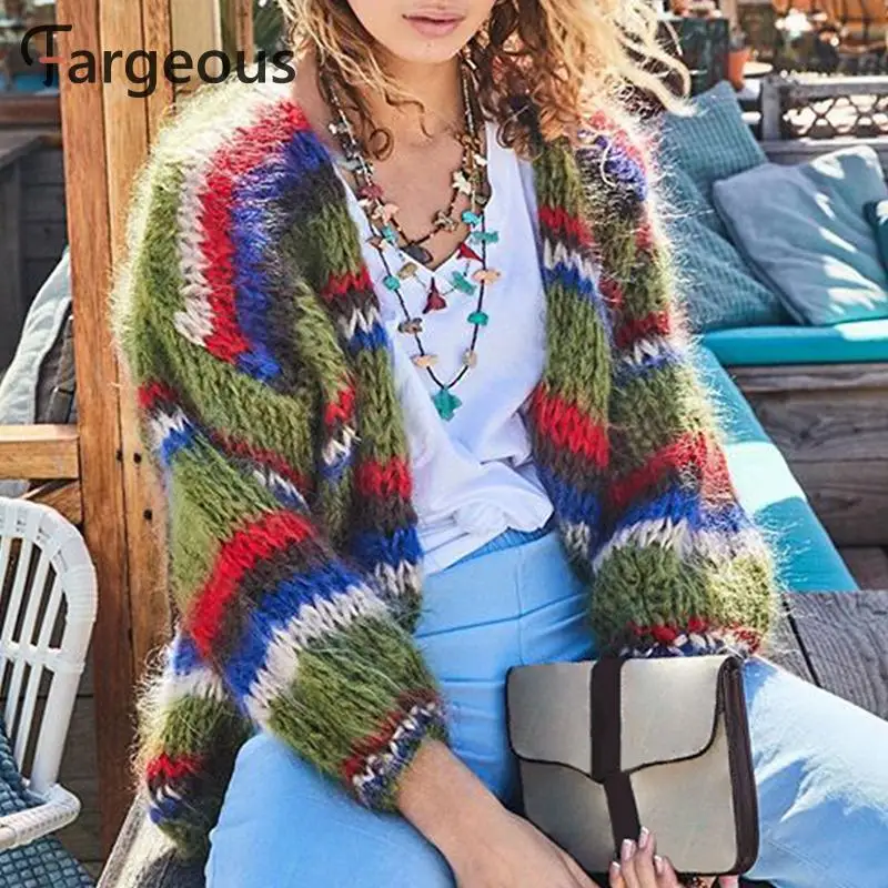 Fargeous Vintage Stripe Knitted Cardigans Women Fashion Casual Sweater 2019 Autumn Winter Grey |