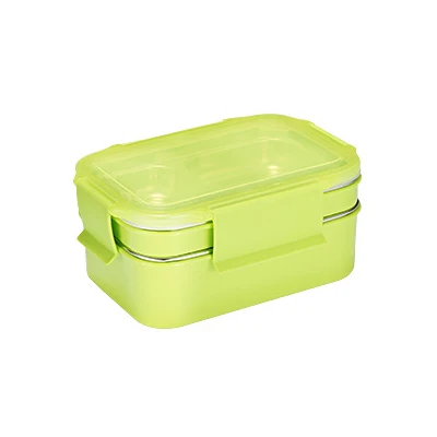 Двойной Ланч-бокс 304 из нержавеющей стали Bento Box функция изоляции пищевой контейнер простой в использовании - Цвет: Green
