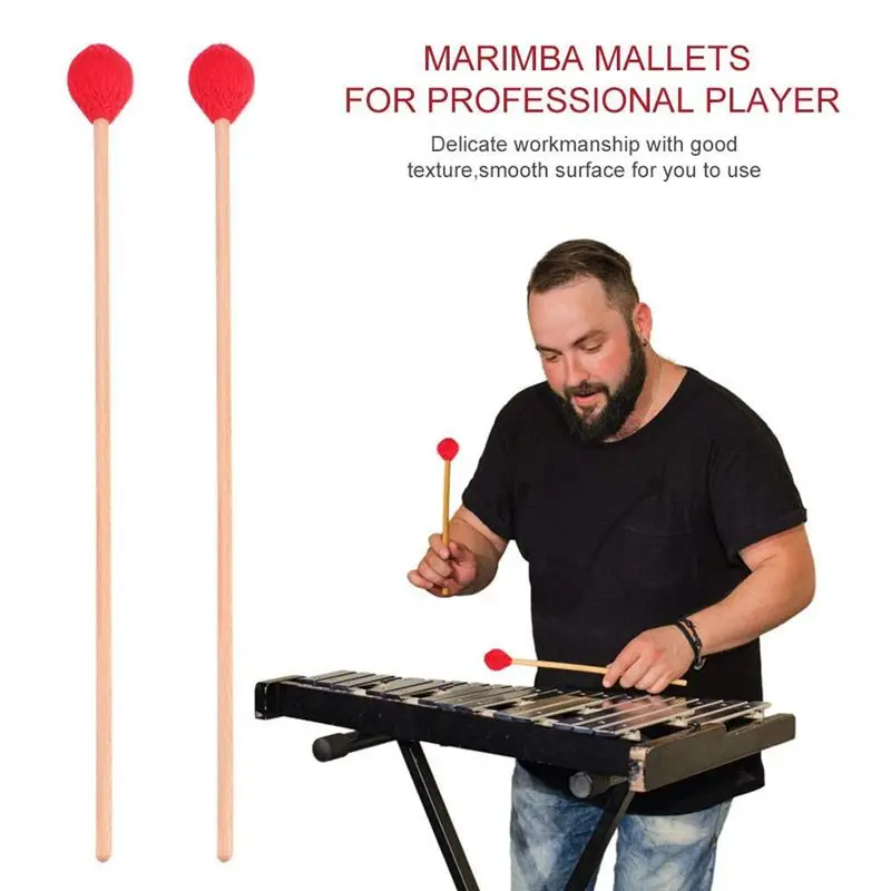 1 Pair Marimba Mallets, Percussion Mallets with Red Yarn Head and Smooth Wood Handle for Intermediate Player